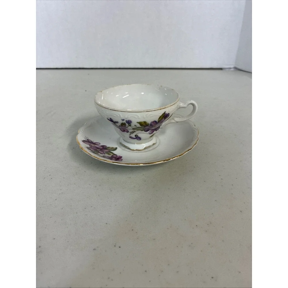 Vintage Made in Japan Purple Violet Floral Porcelain Tea Cup and Saucer Set Gold